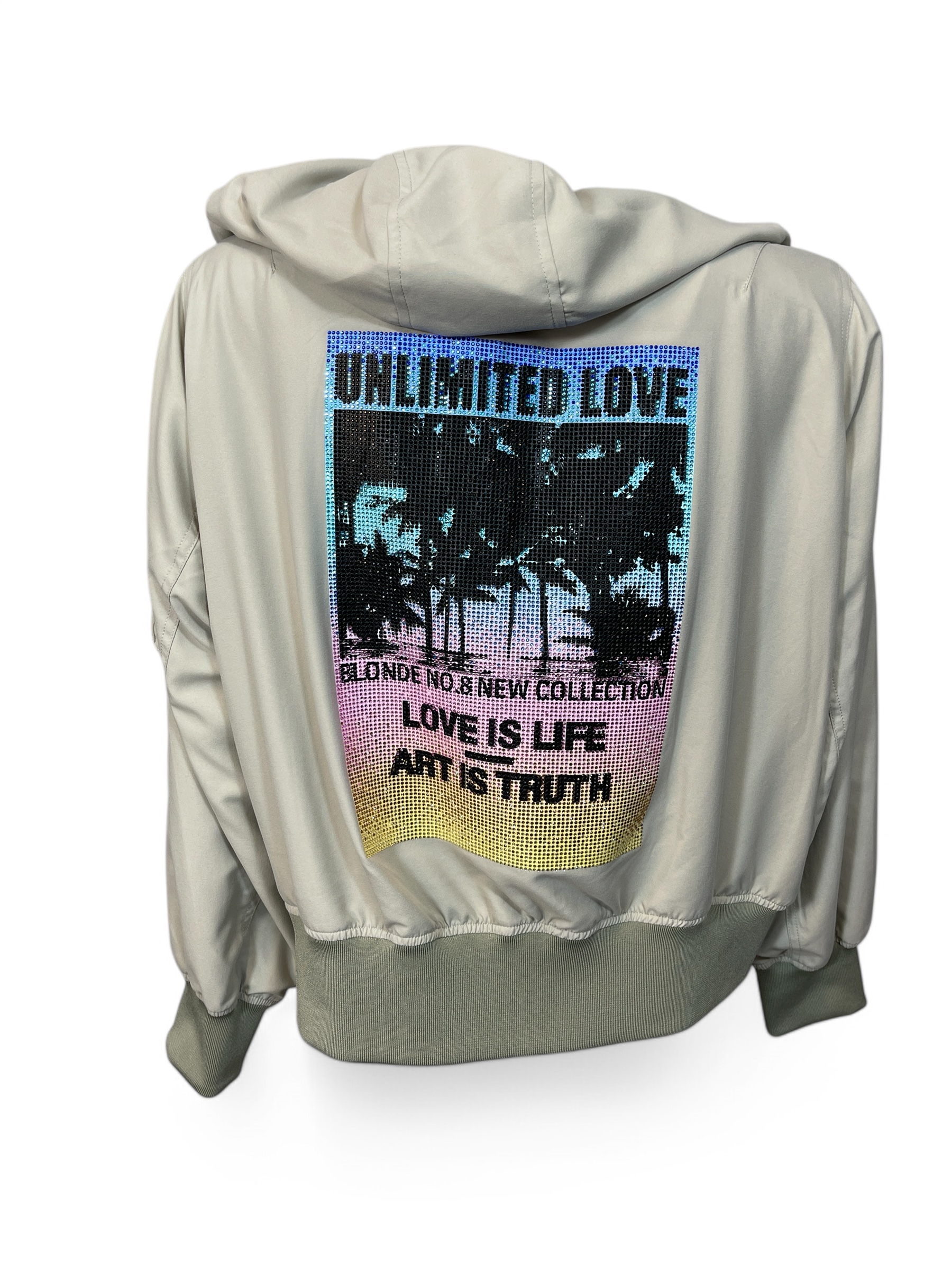 BLONDE - CODY Damen Jacke im Rücken Palmenmotiv aus Strass Kapuze Beige 7600