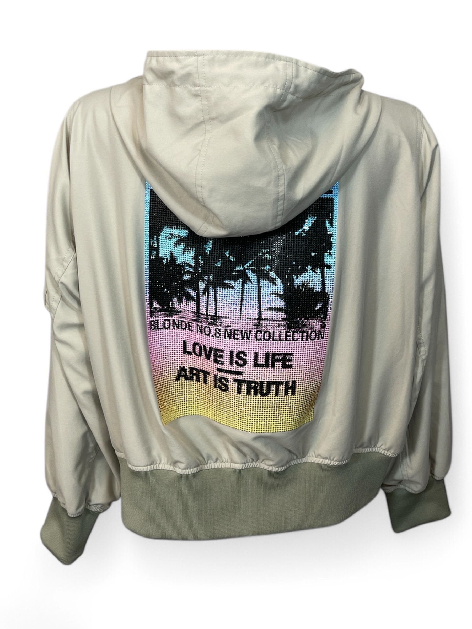 BLONDE - CODY Damen Jacke im Rücken Palmenmotiv aus Strass Kapuze Beige 7600
