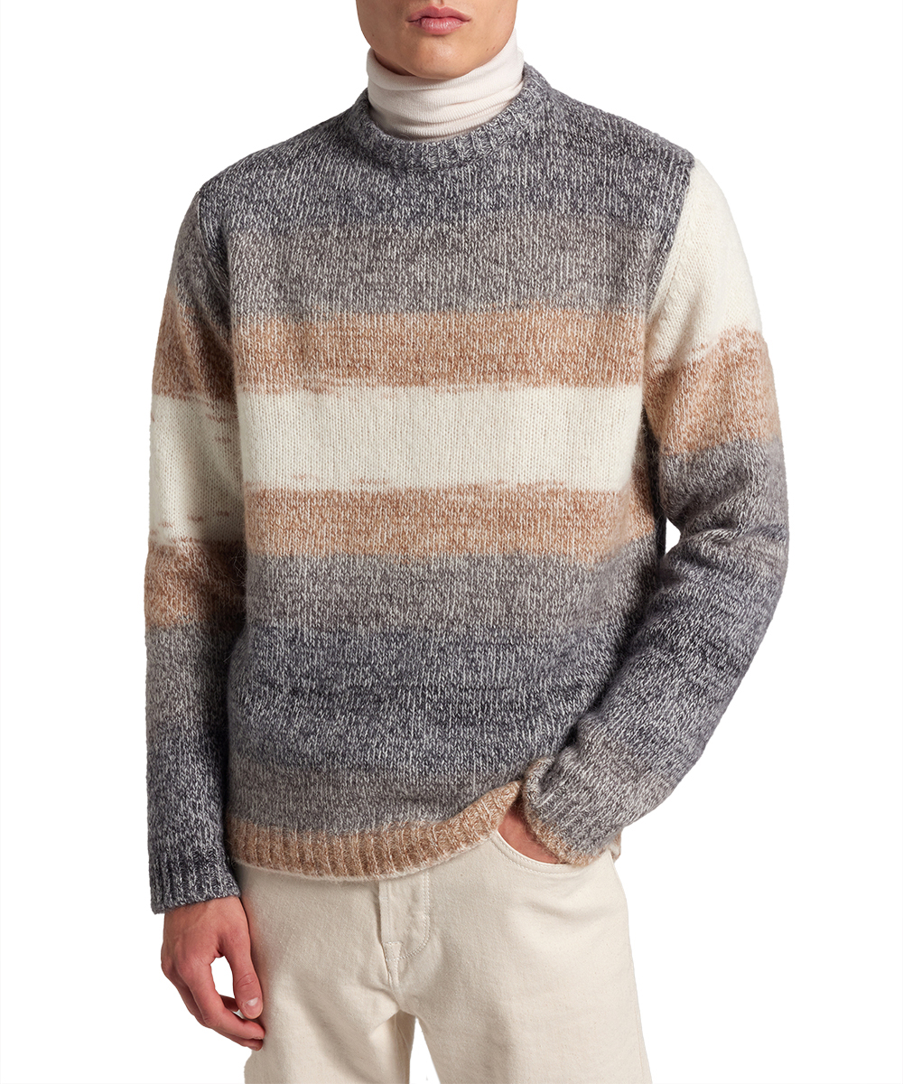 Baldessarini BLD-CubaHerren Rundhals Pullover Gestreift Woll-Mix Pale Khaki Pattern